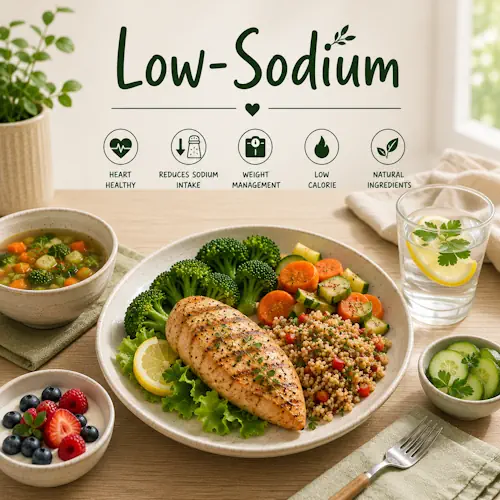Low Sodium Recipes with fresh vegetables lean proteins healthy meals and flavorful low-salt dishes on a rustic wooden table