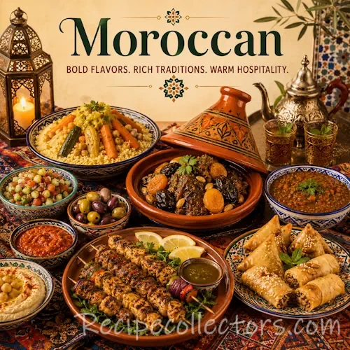 Moroccan Cuisine with tagines couscous aromatic spices and traditional Moroccan dishes on a rustic wooden table with a Moroccan flag