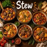 Stew Recipes with homemade stew dishes on a rustic wooden table