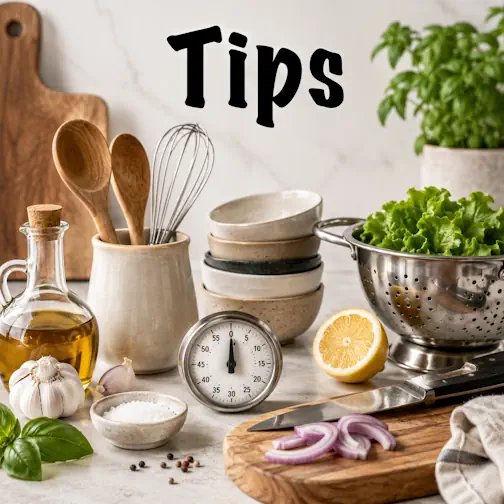 Kitchen tips and cooking advice with kitchen tools and ingredients on a wooden countertop