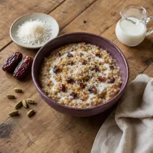 Air fryer cardamom porridge with brown rice, coconut milk, shredded coconut, Medjool dates, and a caramelized top
