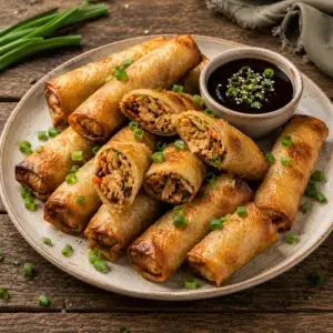 Crispy crocodile spring rolls filled with seasoned meat and vegetables