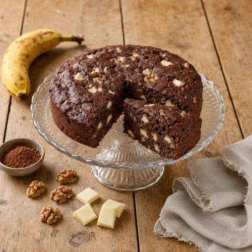 Air fryer banana bread with cocoa, ripe bananas, chopped walnuts, and creamy white chocolate pieces