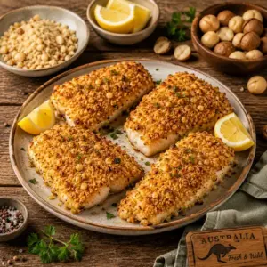 Macadamia crusted barramundi with a golden nut coating and fresh lemon wedges