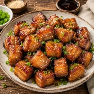 Sticky pork belly bites with a caramelized honey glaze and chopped green onions
