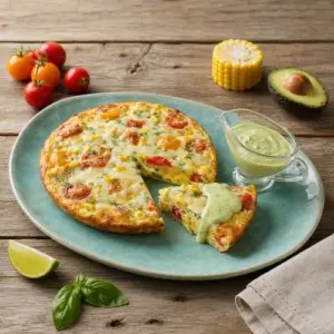 Air fryer summer frittata with cherry tomatoes, corn, Monterey Jack cheese, fresh dill, and creamy avocado dressing
