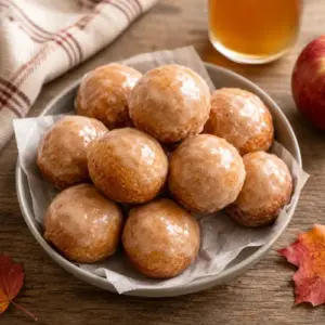 Apple cider doughnut holes with a smooth applesauce glaze and freshly grated nutmeg