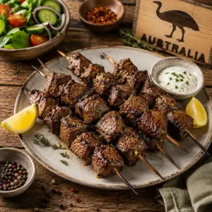 Air fryer emu skewers seasoned with garlic, cumin, paprika, and thyme