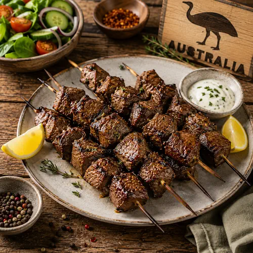 Air fryer emu skewers seasoned with garlic, cumin, paprika, and thyme