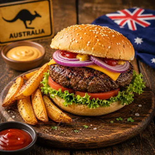 Air fryer kangaroo burgers served on toasted buns with lettuce, tomato, and onion