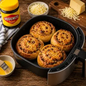 Air fryer Vegemite scrolls made with golden puff pastry and melted cheese