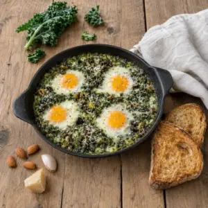Air fryer pesto eggs with homemade kale-almond pesto, Pecorino cheese, cream, and mixed olives served with toast