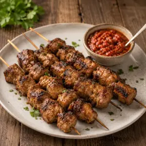 Crocodile kebabs with aromatic spices served alongside tangy bush tomato relish