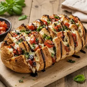 Air fryer Caprese bread filled with melted mozzarella, cherry tomatoes, and fresh basil