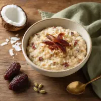 Coconut date rice porridge with Medjool dates, shredded coconut and cardamom