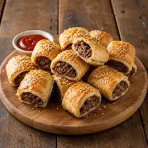 Kangaroo sausage rolls with golden puff pastry served warm with dipping sauce