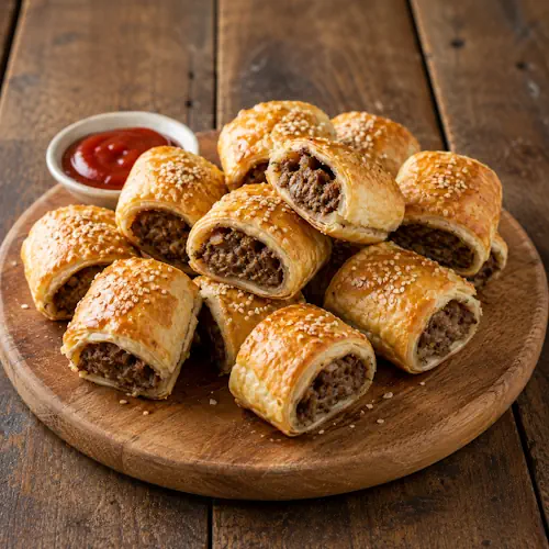 Kangaroo sausage rolls with golden puff pastry served warm with dipping sauce