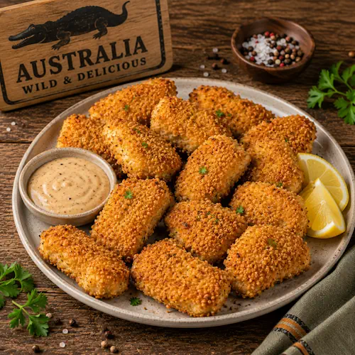 Air fryer crocodile bites with a golden seasoned breadcrumb coating