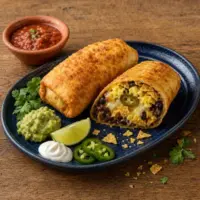 Crispy breakfast chimichangas filled with scrambled eggs, refried beans, Pepper Jack cheese and jalapeรฑos