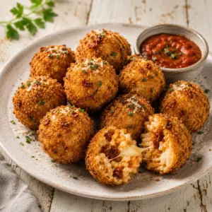 Bush tomato arancini with a crisp golden coating and creamy cheese filling