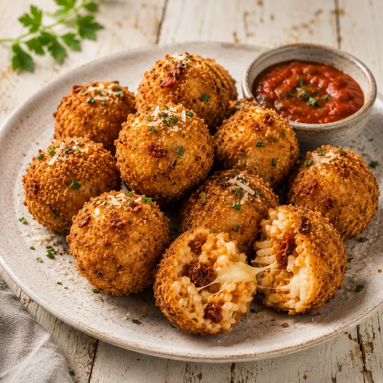 Bush tomato arancini with a crisp golden coating and creamy cheese filling
