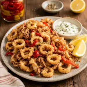 Crispy chile-brined calamari with fried cherry peppers, lemon wedges and rosemary garlic mayonnaise