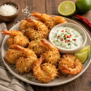 Crispy coconut shrimp served with cucumber, serrano chile and coconut yogurt dip