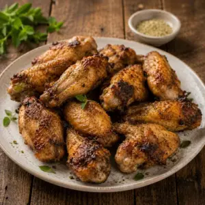 Lemon myrtle chicken wings with golden crispy skin served with fresh lemon wedges