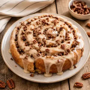 Giant butter pecan roll covered with cinnamon cream cheese glaze and chopped pecans