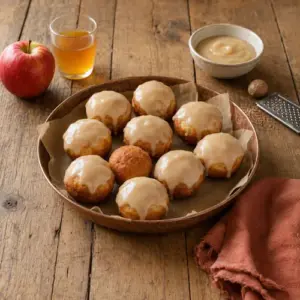 Apple cider doughnut bites with golden edges and a smooth applesauce glaze served on a rustic plate