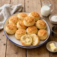 Air fryer buttermilk biscuits with golden tops and flaky layers served warm in a rustic bread basket