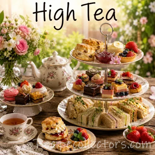 High Tea Recipes with scones, finger sandwiches, pastries, cakes, and elegant afternoon tea treats on a beautifully set table.
