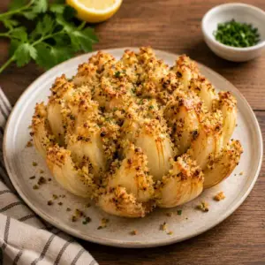 Lemon herb blooming onion filled with golden Parmesan breadcrumbs, garlic and fresh parsley