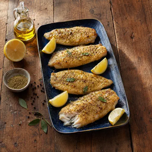 Lemon myrtle barramundi with tender flaky fish, a lightly golden surface, and fresh lemon wedges