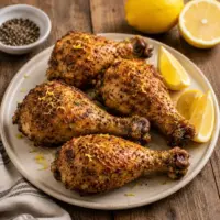 Lemon-pepper chicken drumsticks with crisp golden skin, fresh lemon zest and lemon wedges