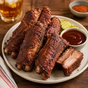 Memphis dry-rub ribs with a crisp caramelised spice crust served on a platter