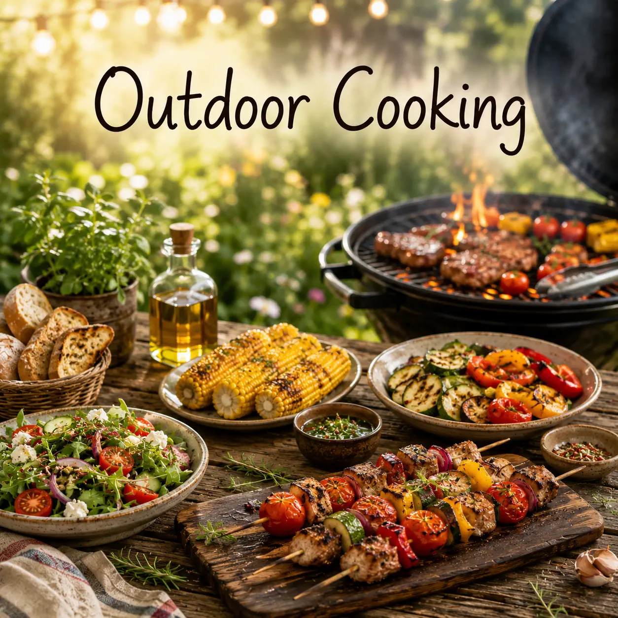 Outdoor Cooking Recipes with grilled meats, barbecue dishes, fresh vegetables, and delicious meals cooked outdoors on a rustic wooden table.