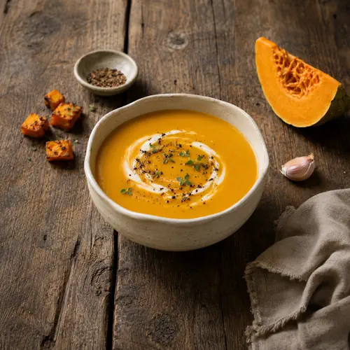 Pumpkin wattleseed soup with roasted pumpkin, creamy coconut milk, and Australian wattleseed