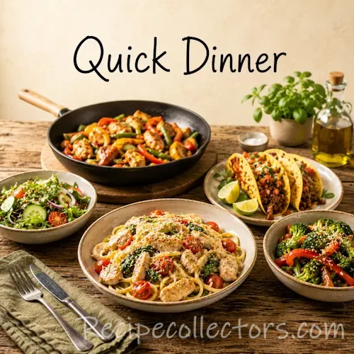 Quick Dinner Recipes with easy family meals, pasta, chicken, vegetables, and healthy dinners served on a rustic wooden table.