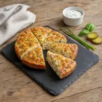 Air fryer curd pancake with creamy quark, diced ham, pickles, basil, and fresh chives