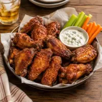 Spicy dry-rubbed chicken wings served with blue cheese dressing, celery and carrot sticks