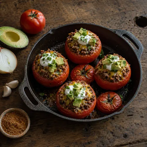Low carb taco tomatoes filled with seasoned ground beef and topped with avocado and fresh cilantro