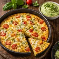 Tomato corn frittata with melted cheese and creamy avocado basil dressing