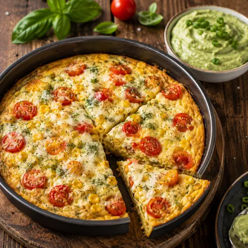 Tomato corn frittata with melted cheese and creamy avocado basil dressing