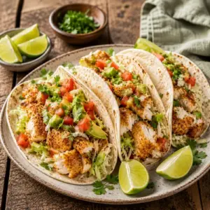 Lemon myrtle fish tacos filled with air-fried white fish, cabbage, tomato, avocado, and cilantro