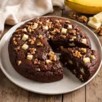 Chocolate white chocolate banana bread with chopped walnuts and creamy white chocolate pieces