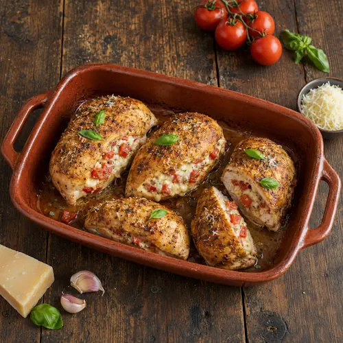 Tomato cheese stuffed chicken breast filled with melted mozzarella, Parmesan, garlic, basil, and diced tomatoes