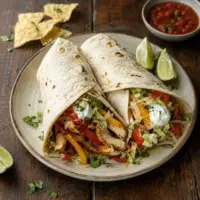 Chicken fajitas filled with sautรฉed peppers, onion, cheese, lettuce and sour cream, served with salsa, lime and tortilla chips on a rustic wooden table.