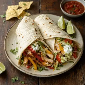 Chicken fajitas filled with sautéed peppers, onion, cheese, lettuce and sour cream, served with salsa, lime and tortilla chips on a rustic wooden table.