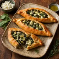 Golden Turkish-style pide filled with wilted spinach, crumbled feta, dill and onion on a rustic wooden table.